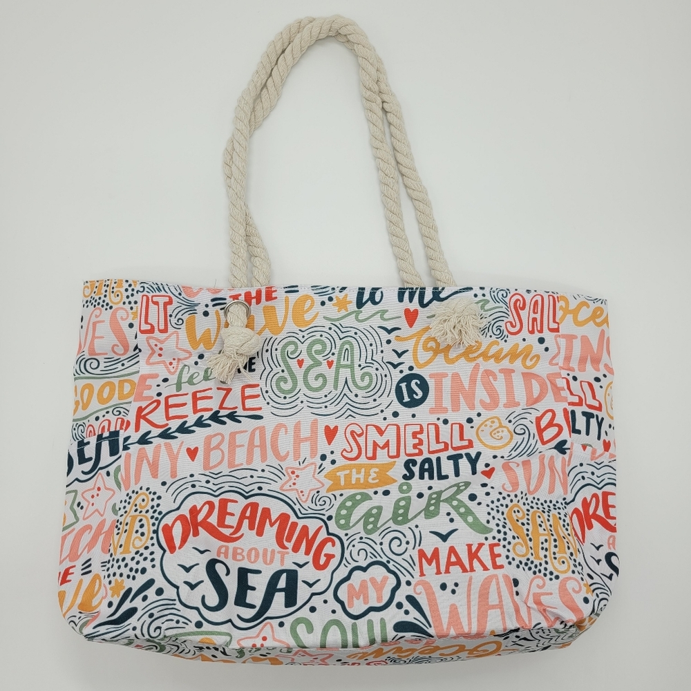 Colorful Beach Tote Bag Rope Shoulder Strap Handles Pockets Zip Closure Lined